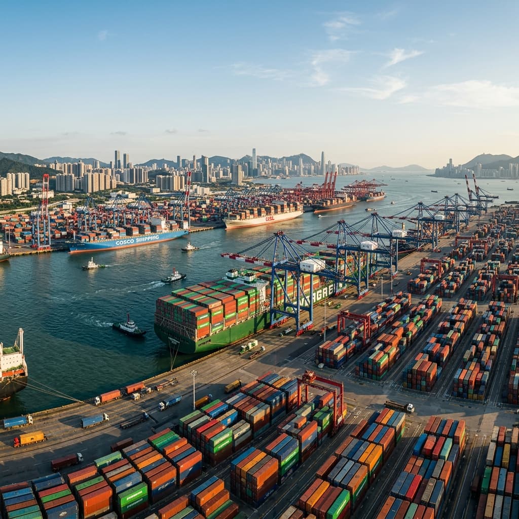 Container terminal in southern China with vessels alongside the quay